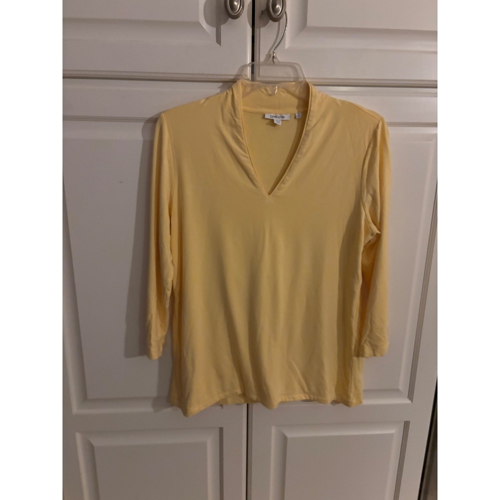 Chicos Womens Yellow V-Neck 3/4 Sleeve Pullover Top Size 1 Medium Rayon Spandex
